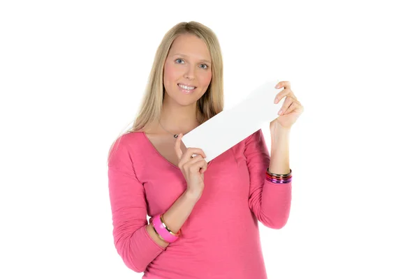 Beautiful blond woman holding a blank ad — Stock Photo, Image