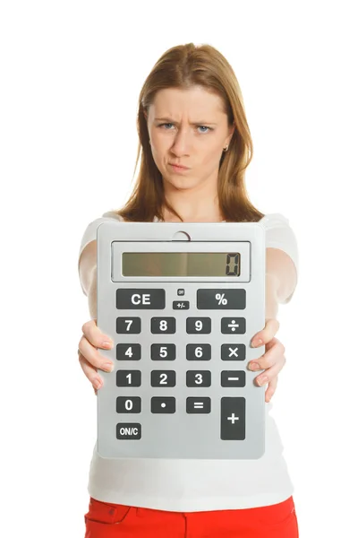 Hermosa mujer joven con calculadora grande —  Fotos de Stock