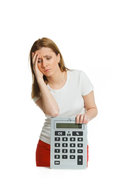 Beautiful young woman with big calculator — Stock Photo, Image