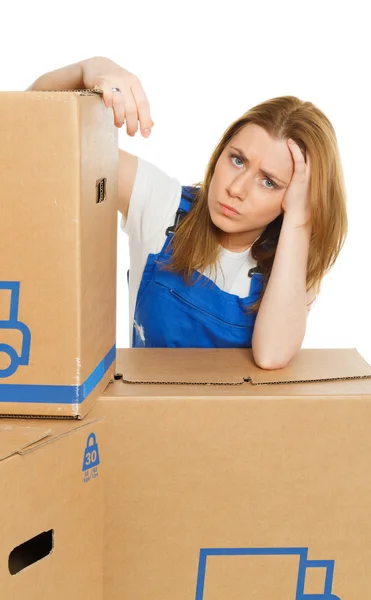 Woman with moving box has stress — Stock Photo, Image