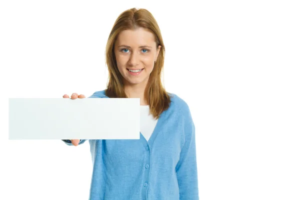 Attractive young woman with blank ad banner — Stock Photo, Image