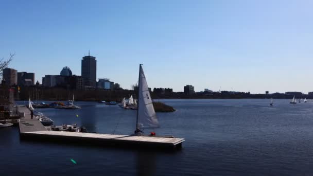 Timelapse Boston with boats in foreground — Stock Video