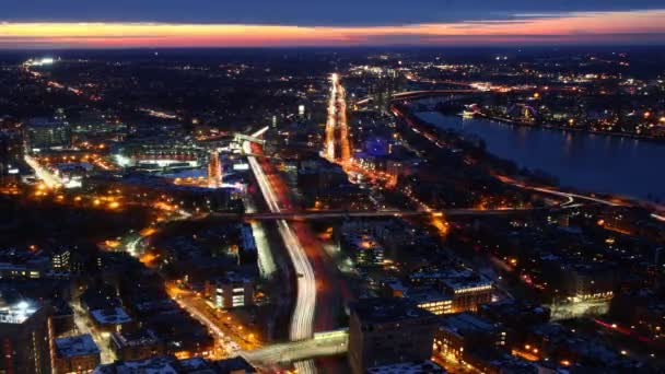 Aerial timelapse utsikt över Boston silhuett i skymningen — Stockvideo