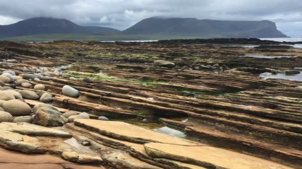 4 k Ultrahd uitzicht op Warbeth strand, Orkney, Schotland — Stockvideo