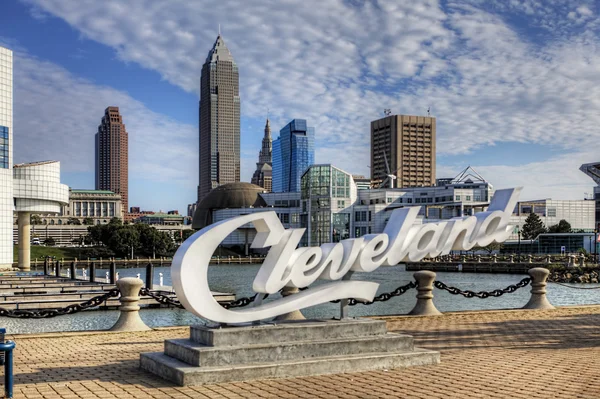 View of Cleveland lettering in front of skyline