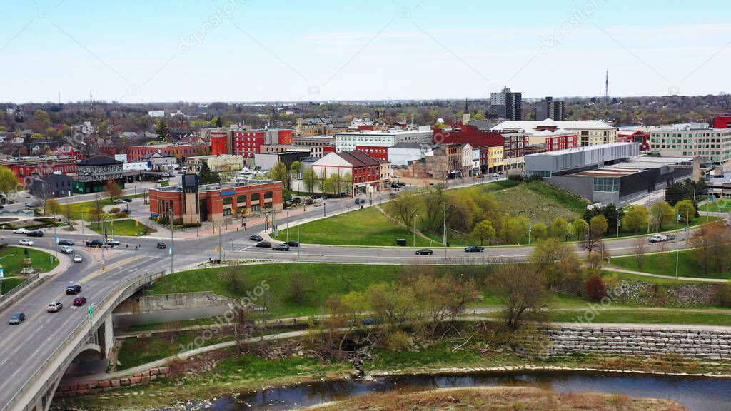 An aerial of the downtown of Brantford, Ontario, Canada