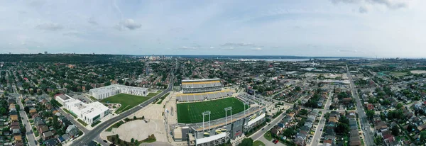 Hamilton, Ontario, Canada- July 20, 2021: An aerial panorama of Tim Horton Stadium in Hamilton, Ontario, Canada