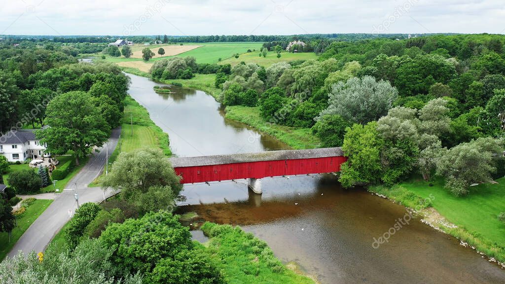 An aerial scene of Montrose Covered Bridge, Ontario, Canada