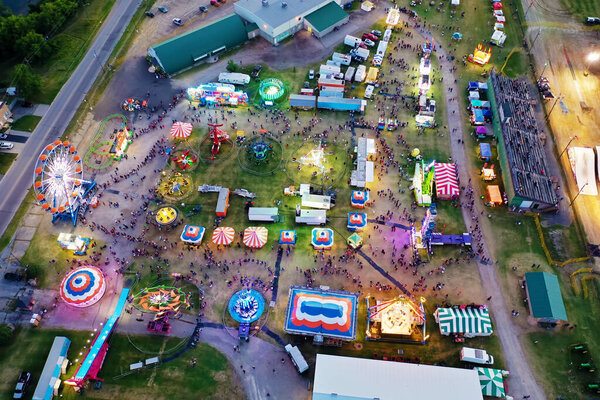 An aerial view of a Fair as darkness falls