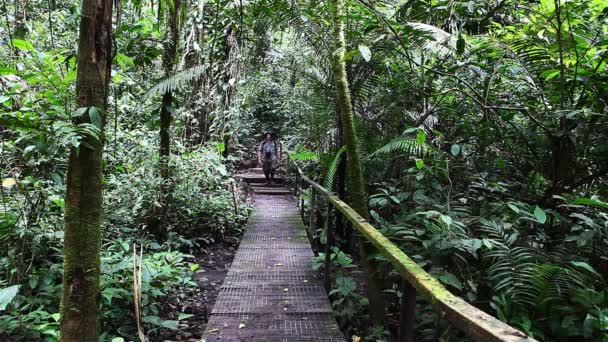 Man in Amazon walks away from footbridge — Stock Video