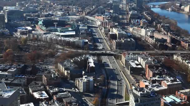 Wide aerial of the city of Boston, Massachusetts with Fenway in background — Stock Video