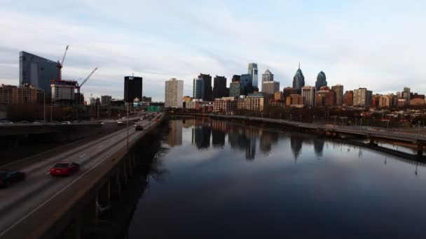 A timelapse of Philadelphia with river in foreground — Stock Video