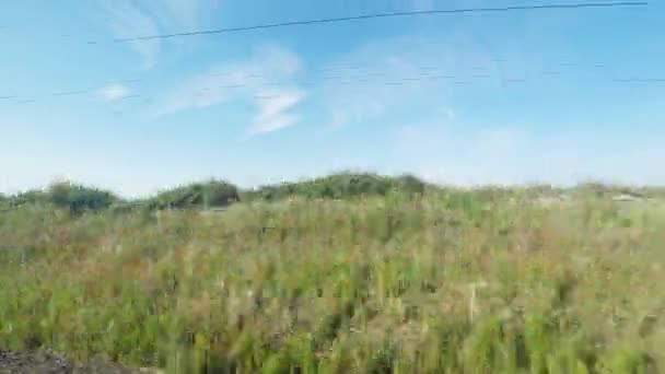 Vista tranquila del campo desde un tren en movimiento — Vídeo de stock