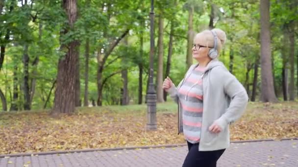 Porträt Einer Aktiven Seniorin Die Durch Einen Park Oder Wald — Stockvideo