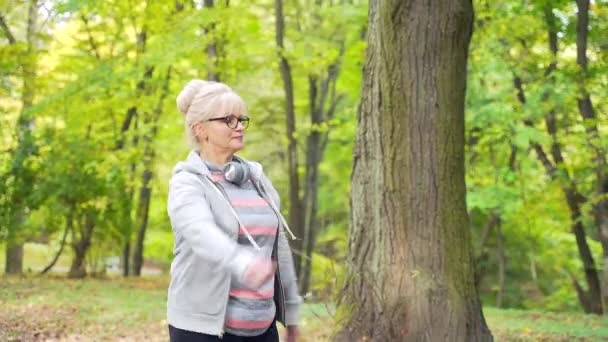 Aktive Seniorin Beim Schnellen Sport Entlang Der Parkallee Joggende Rentnerinnen — Stockvideo