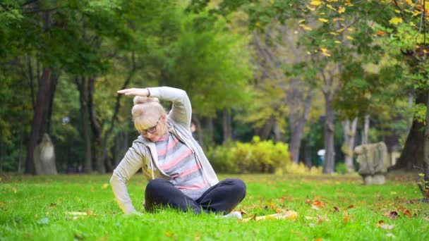 Retrato Mulher Aposentada Sênior Exercitando Tapete Gramado Parque Velha Fêmea — Vídeo de Stock