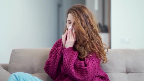 Portrait Sick Girl Couch Runny Nose Young Woman Flu Cold — Stock Video