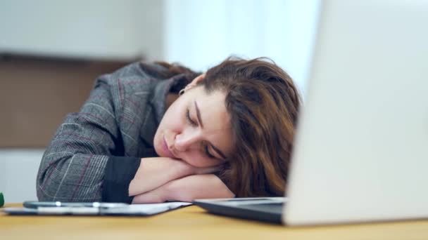 Young Tired Woman Fell Asleep Hard Work Laptop Documents Female — Stock Video