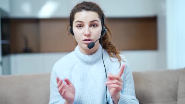 Portrait Positive Woman Sit Couch Wear Headset Starting Video Conference — Stock Video