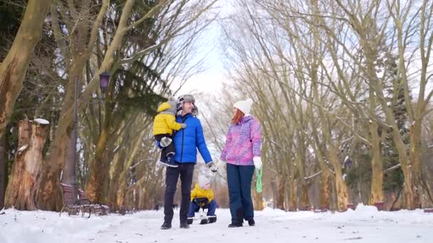 幸福的新婚夫妇 他们带着年幼的孩子 冬天背着雪橇在雪地的公园里散步 在周末 年轻的丈夫和妻子带着年幼的儿子在一起消磨时光 — 图库视频影像