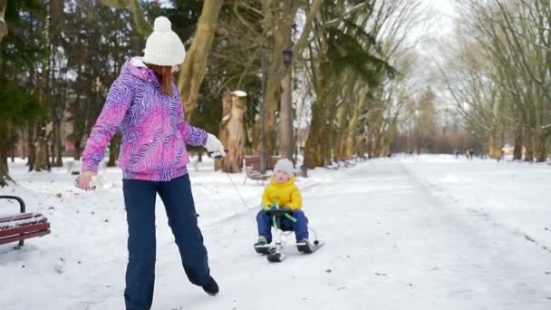 Młoda Matka Spaceruje Parku Małym Dzieckiem Śniegu Parku Szczęśliwa Mama — Wideo stockowe