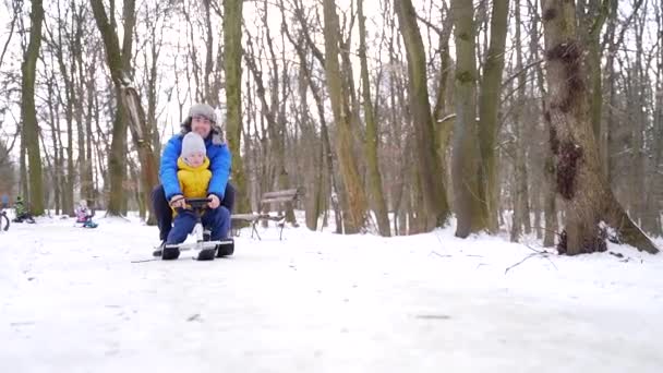 Boldog Házaspár Kisgyerekekkel Akik Télen Szánkókkal Sétálnak Egy Havas Parkban — Stock videók