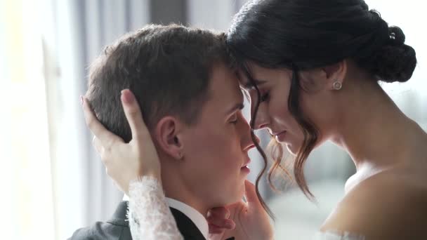 Close Retrato Jovem Casal Casamento Apaixonado Abraçando Inclinando Silhueta Noiva — Vídeo de Stock