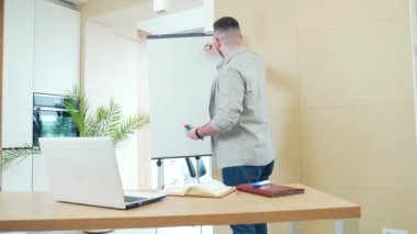 Genç iş adamı, online kıyafet içinde sunum ya da eğitim için dizüstü bilgisayar kamerası ve işaret tablosu kullanıyor. İş adamı ya da koç evde beyaz tahta çizelgesini açıklıyor.