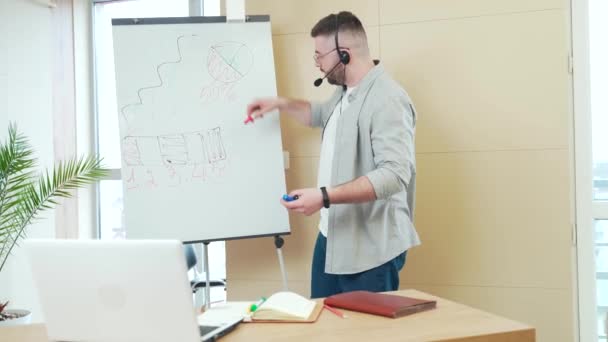 Junger Geschäftsmann Lässiger Kleidung Der Eine Headset Online Meeting Präsentation — Stockvideo