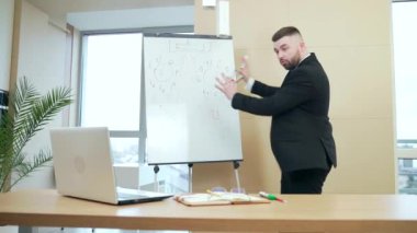 Resmi takım elbiseli iş adamı laptop web kamerası kullanarak toplantı yapıyor. Video konferansı sırasında strateji, toplantı ve brifing yap. Modern bir ofis çağrısında beyaz tahtada göster