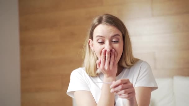 Happy Caucasian Young Woman Rejoices Positive Pregnancy Kit Test Motherhood — Stock Video