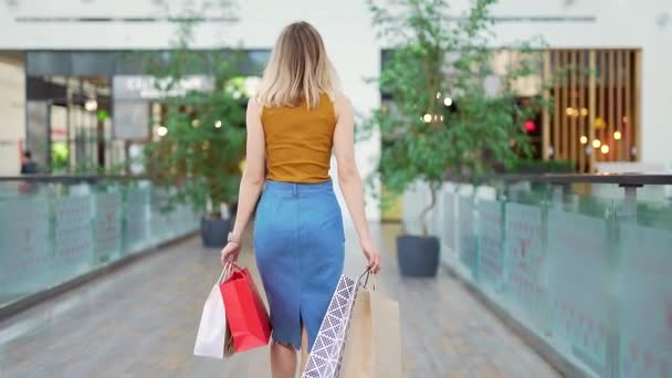 Achteraanzicht Van Een Jonge Vrouw Met Gekleurde Geschenkzakjes Die Door — Stockvideo