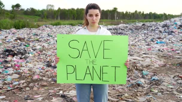 Portrait Young Woman Activist Poster Hands Earth Stands Middle Landfill — Stock Video