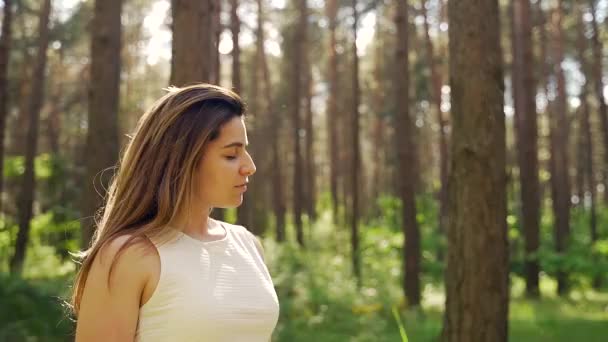 Güzel Bir Genç Kadının Portresi Çam Ormanının Ortasında Göğsüne Temiz — Stok video