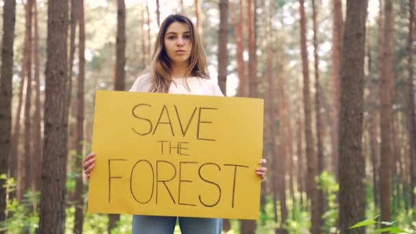 Young Woman Volunteer Activist Protest Poster Forest Female Student Banner — Stock Video