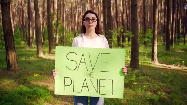 Young Woman Volunteer Activist Forest Protest Poster Planet Female Student — Stock Video