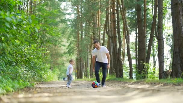 Far Sønn Spiller Fotball Skogen Eller Parkerer Plen Far Lille – stockvideo