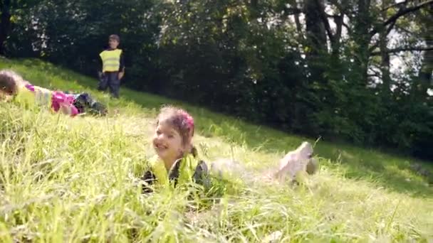 Ευτυχισμένα Μικρά Παιδιά Διασκεδάζουν Παίζοντας Τροχαίο Στο Γκαζόν Στο Πάρκο — Αρχείο Βίντεο