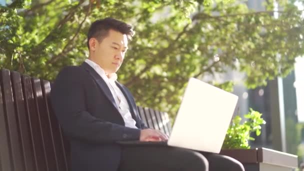 Jonge Aziatische Zakenman Freelancer Zitten Bank Werken Met Laptop Stadspark — Stockvideo