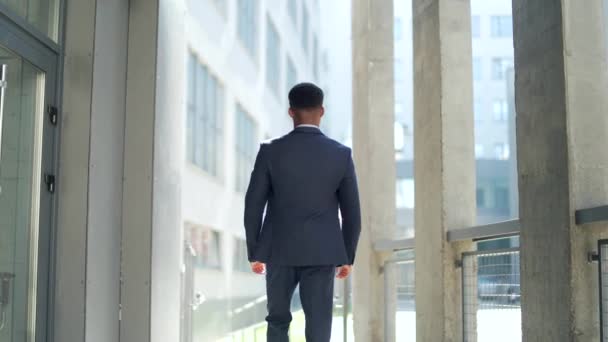 勝利を祝う腕を上げて成功したアフリカ系アメリカ人実業家 コンセプト キャリア成長 現代的なオフィスビルを背景にシルエットビジネスマン — ストック動画