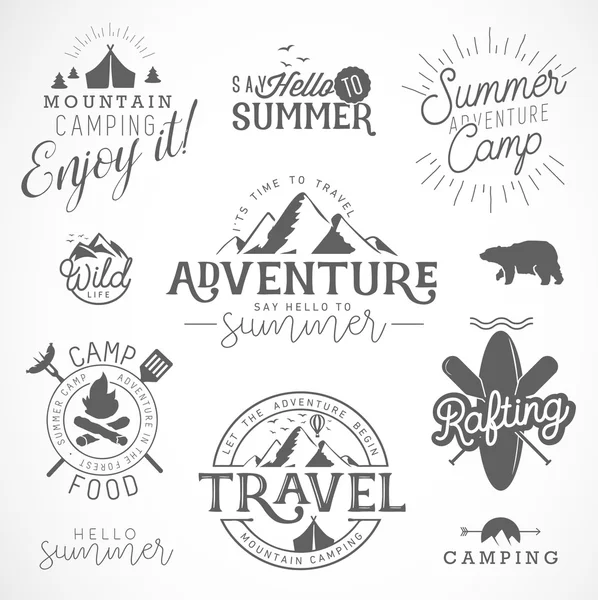 Acampamento de Verão, Aventura e Viagem Elementos de Design em Estilo Vintage —  Vetores de Stock