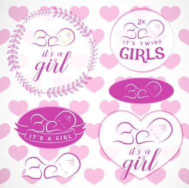 Pembe bebek kız rozet küme. Davetiye, tebrik kartları ve Baby Shower Davetiye tasarım öğeleri