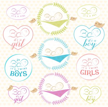 Vintage bebek kız ve oğlan rozet kümesi. Tasarım öğeleri için tebrik, Baby Shower Davetiye.