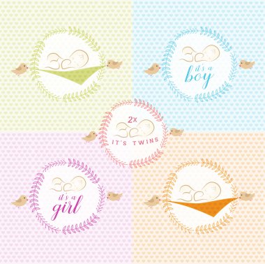 Şirin Bebek kız, oğlan ve İkizler tasarım öğeleri için tebrik ve Bebek Duş Davetiyeler.