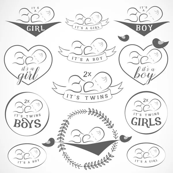 Vintage Baby Girl y Boy Badge Set. Elementos de diseño para saludar, Tarjetas de invitación para la ducha del bebé . — Vector de stock