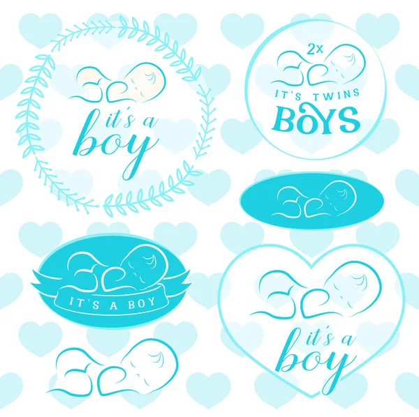 Baby Boy Badge Set. Designelement för Baby dusch inbjudningskort, inbjudningskort och gratulationskort — Stock vektor