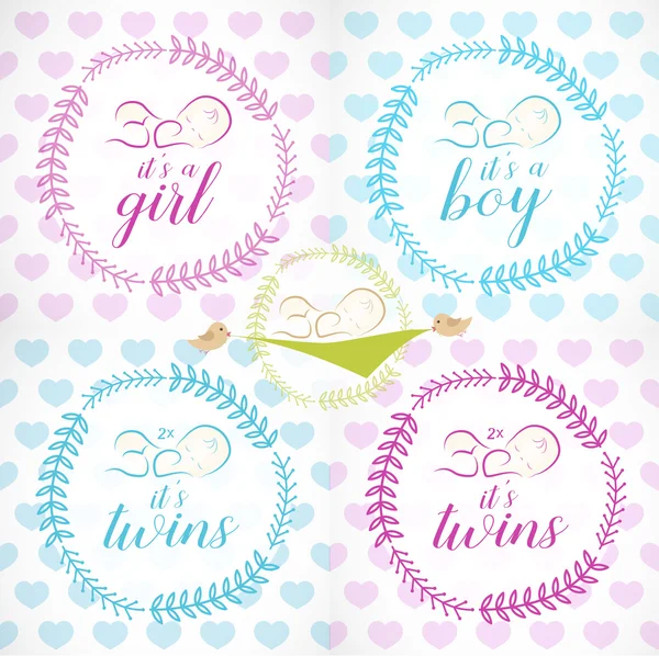 Söt flicka, pojke och tvillingar designelement för hälsning och Baby dusch inbjudningskort. — Stock vektor