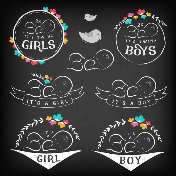 Vintage flicka, pojke och tvillingar Badge Set på svarta tavlan. Designelement för hälsning och Baby dusch inbjudningskort. — Stock vektor