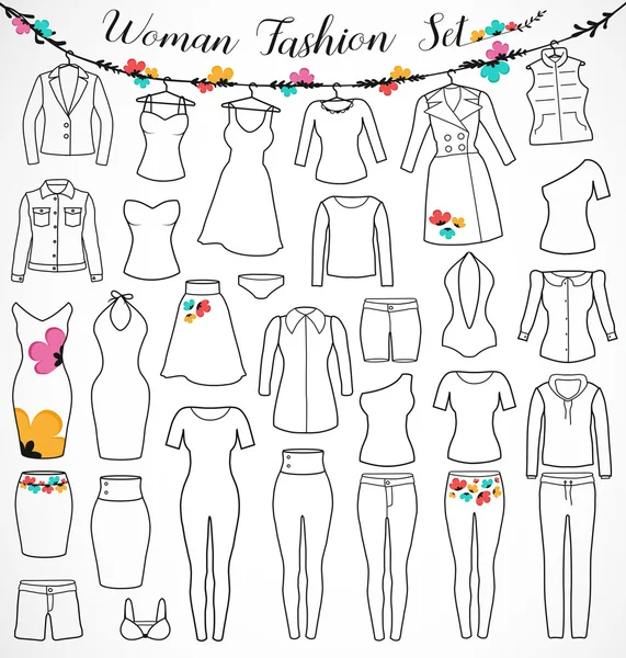 Conjunto de moda de mulher. Silhueta de roupas com elementos de design floral —  Vetores de Stock