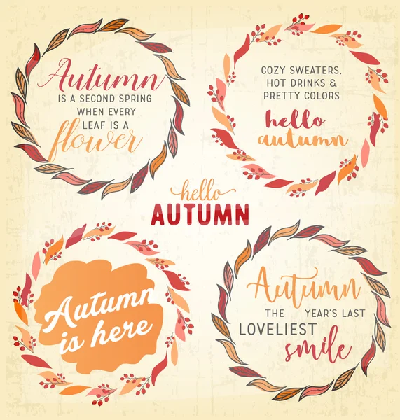 Herfst belettering typografie citaten. Badges en ontwerpelementen van kleurrijke herfstbladeren. Vectorillustraties — Stockvector